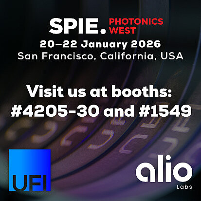 Banner for SPIE Photonics West 2026 in San Francisco, featuring UFI and Alio Labs logos and booth numbers 4205-30 and 1549.