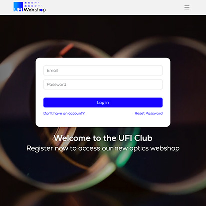 UFI Webshop login page with optical lens background and welcome message for the UFI Club.